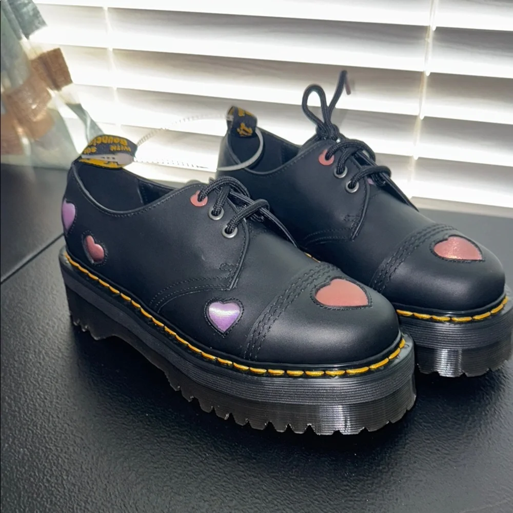 Dr. Martens Black Platform Oxfords with Pink Heart Accents - Picture 15 of 16